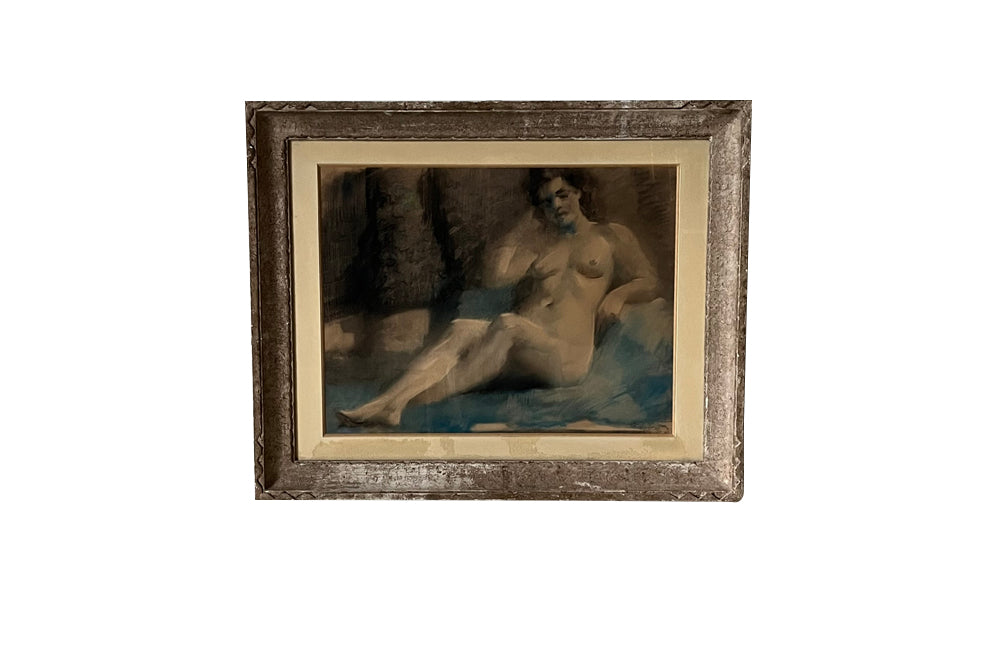 Mid century nude French pastel of a reclining female nude in carved frame. 