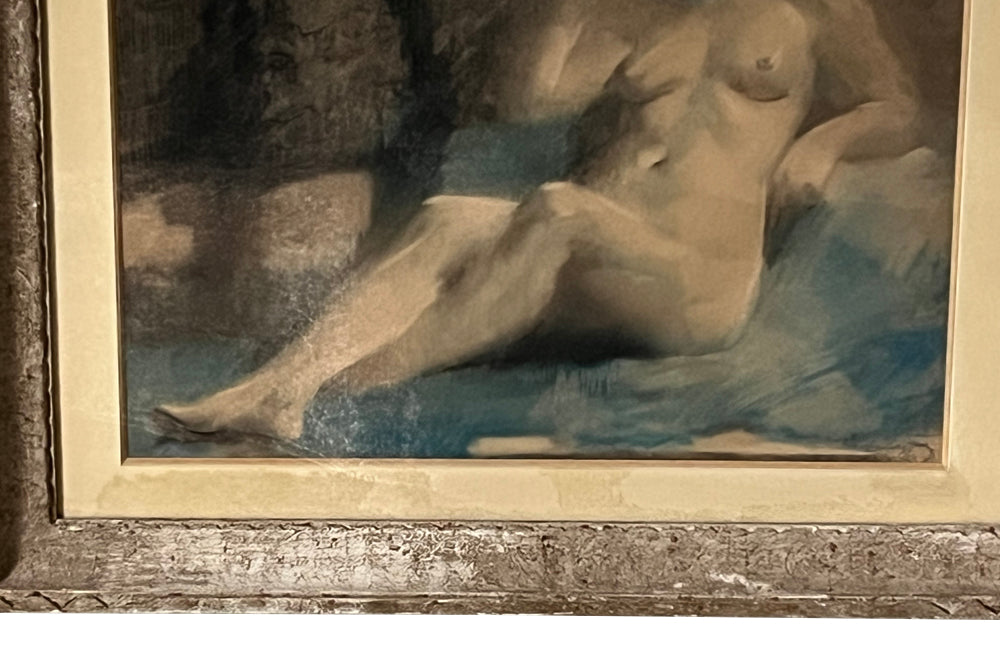 Mid century nude French pastel of a reclining female nude in carved frame. 