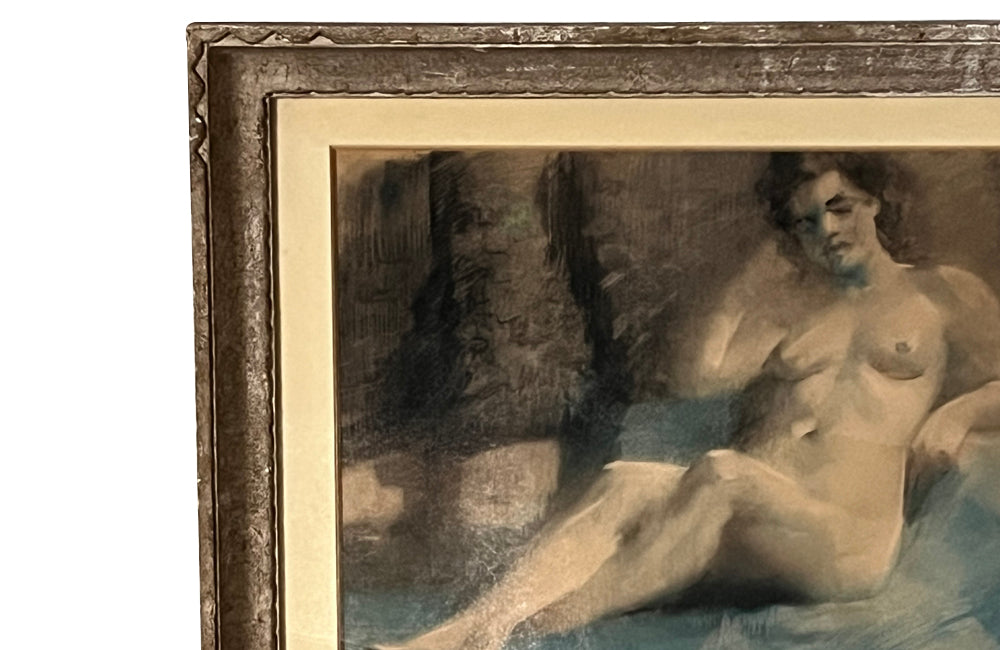 Mid century nude French pastel of a reclining female nude in carved frame. 