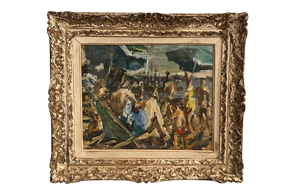 Mid 20th century painting of a beach scene by the atrist Marius Woulfart - Antique Oil Paintings
