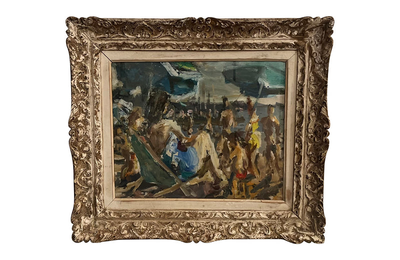 Mid 20th century painting of a beach scene by the atrist Marius Woulfart - Antique Oil Paintings
