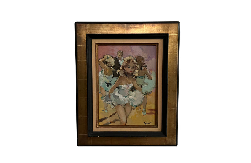 Mid-Century French framed oil on board painting of a ballet dancer by Grisot