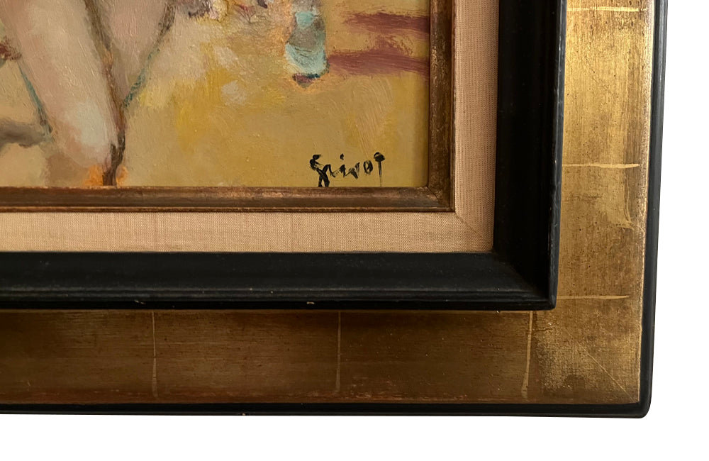 Mid-Century French framed oil on board painting of a ballet dancer by Grisot