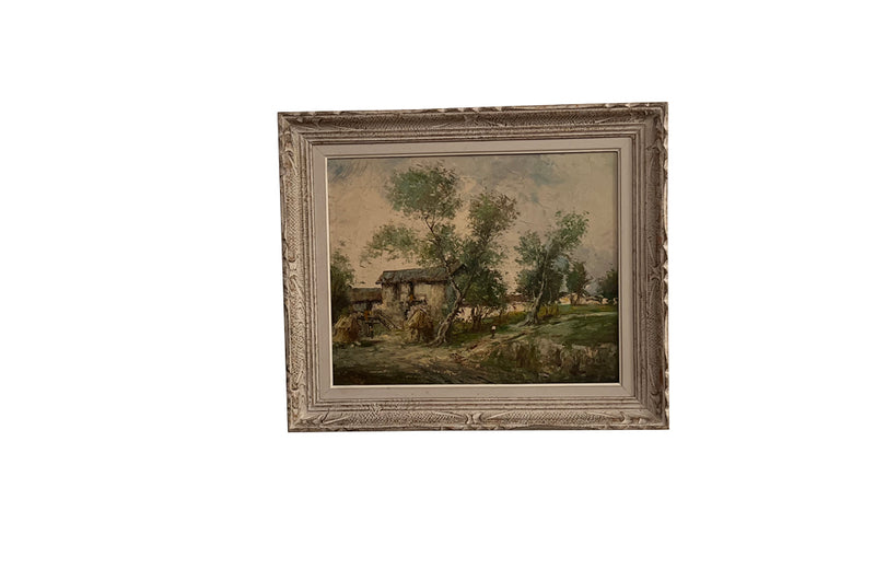Antique oil painting 20th Century French framed oil on canvas painting of a rustic country scene Depicting a farmhouse with haystacks and signed to the lower right S.Sara.