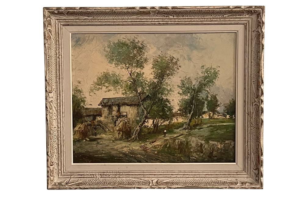 Antique oil painting 20th Century French framed oil on canvas painting of a rustic country scene Depicting a farmhouse with haystacks and signed to the lower right S.Sara.
