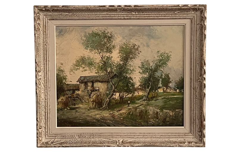 Antique oil painting 20th Century French framed oil on canvas painting of a rustic country scene Depicting a farmhouse with haystacks and signed to the lower right S.Sara.