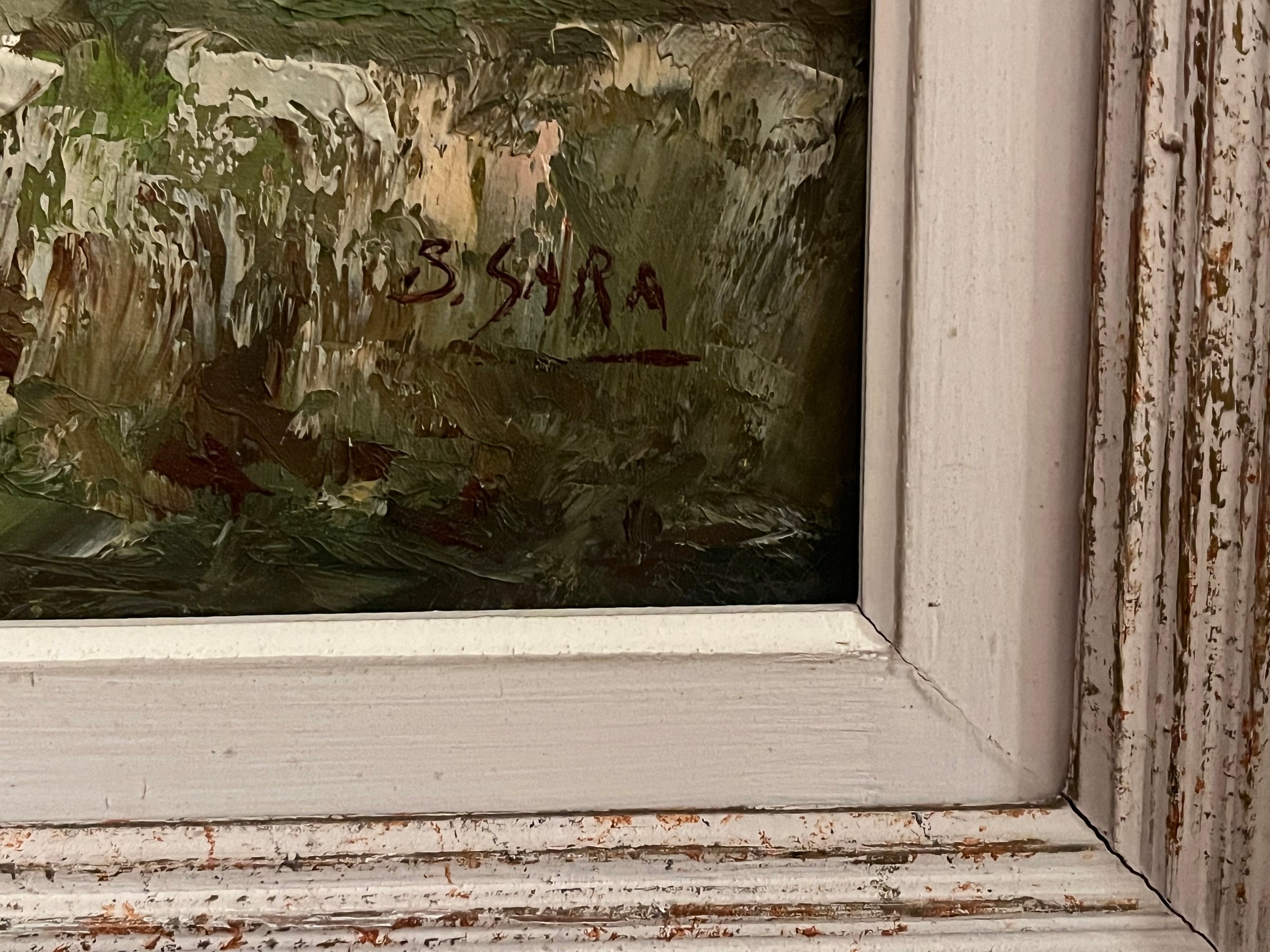 Antique oil painting 20th Century French framed oil on canvas painting of a rustic country scene Depicting a farmhouse with haystacks and signed to the lower right S.Sara.