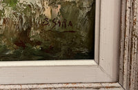 Antique oil painting 20th Century French framed oil on canvas painting of a rustic country scene Depicting a farmhouse with haystacks and signed to the lower right S.Sara.