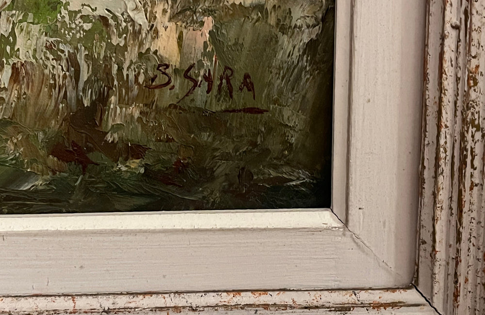 Antique oil painting 20th Century French framed oil on canvas painting of a rustic country scene Depicting a farmhouse with haystacks and signed to the lower right S.Sara.