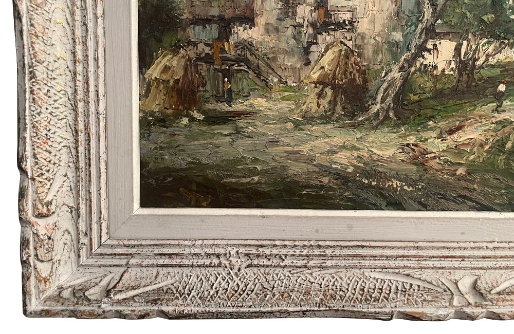Antique oil painting 20th Century French framed oil on canvas painting of a rustic country scene Depicting a farmhouse with haystacks and signed to the lower right S.Sara.