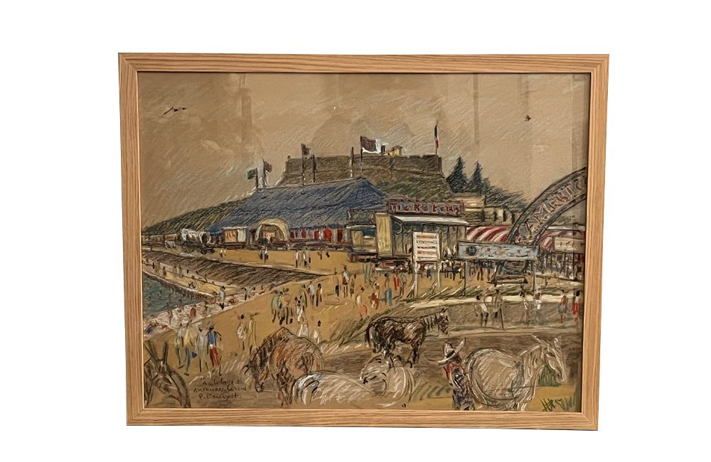 20th Century French framed pastel on paper of a Circus in Antibes, French Riviera by Pierre Pruvost