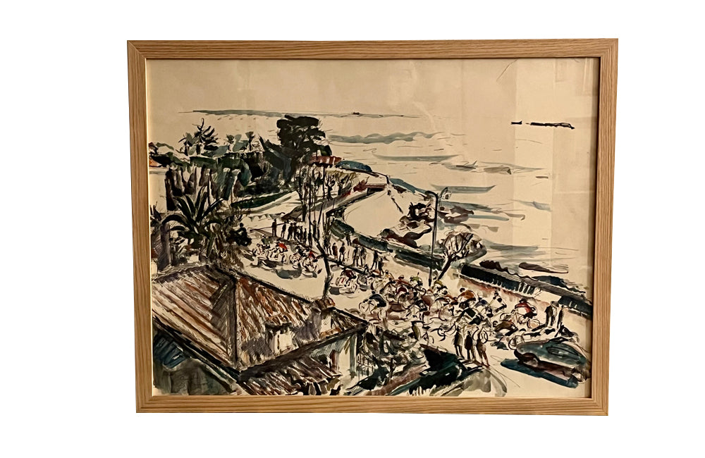 Mid-Century French Watercolour Painting 'Cycle Race in Antibes' By Pierre Provust