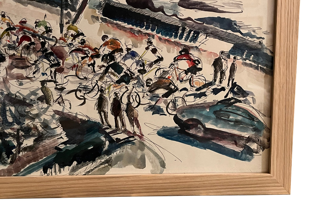 Mid-Century French Watercolour Painting 'Cycle Race in Antibes' By Pierre Provust