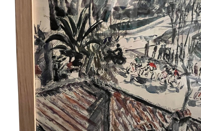 Mid-Century French Watercolour Painting 'Cycle Race in Antibes' By Pierre Provust