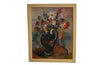 Large Mid-Century French framed oil on canvas still life painting depicting a large blue jug filled with colourful flowers on a table.