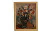 Large Mid-Century French framed oil on canvas still life painting depicting a large blue jug filled with colourful flowers on a table.