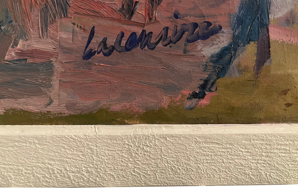 Large Mid-Century French framed oil on canvas still life painting depicting a large blue jug filled with colourful flowers on a table.