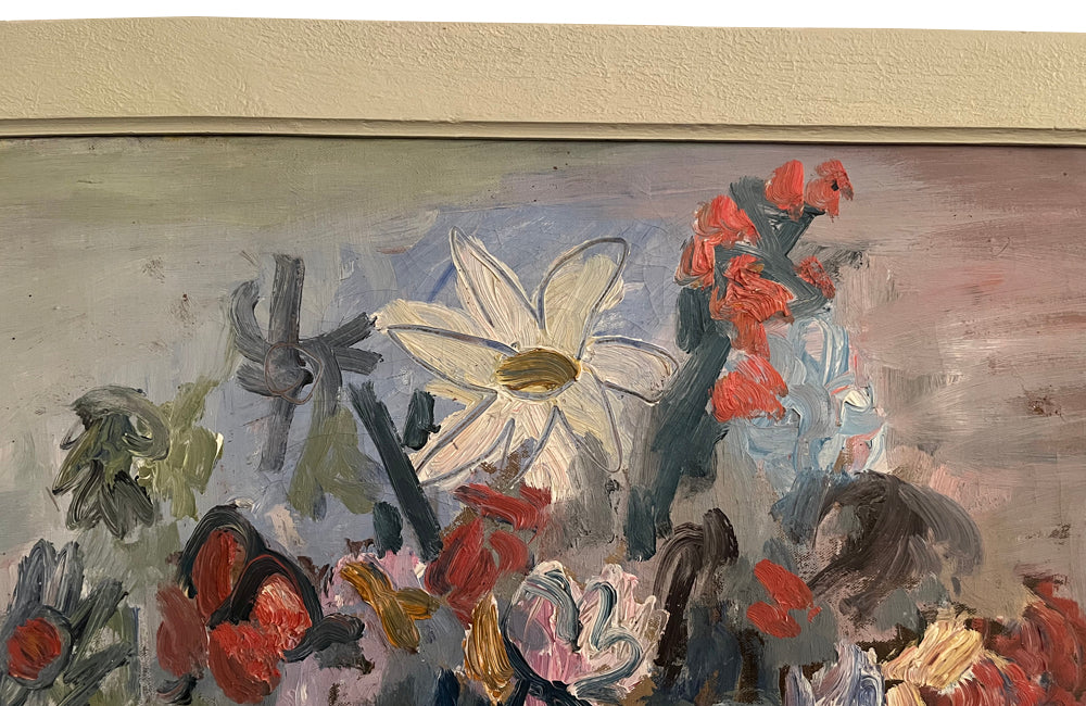Large Mid-Century French framed oil on canvas still life painting depicting a large blue jug filled with colourful flowers on a table.