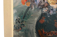 Large Mid-Century French framed oil on canvas still life painting depicting a large blue jug filled with colourful flowers on a table.