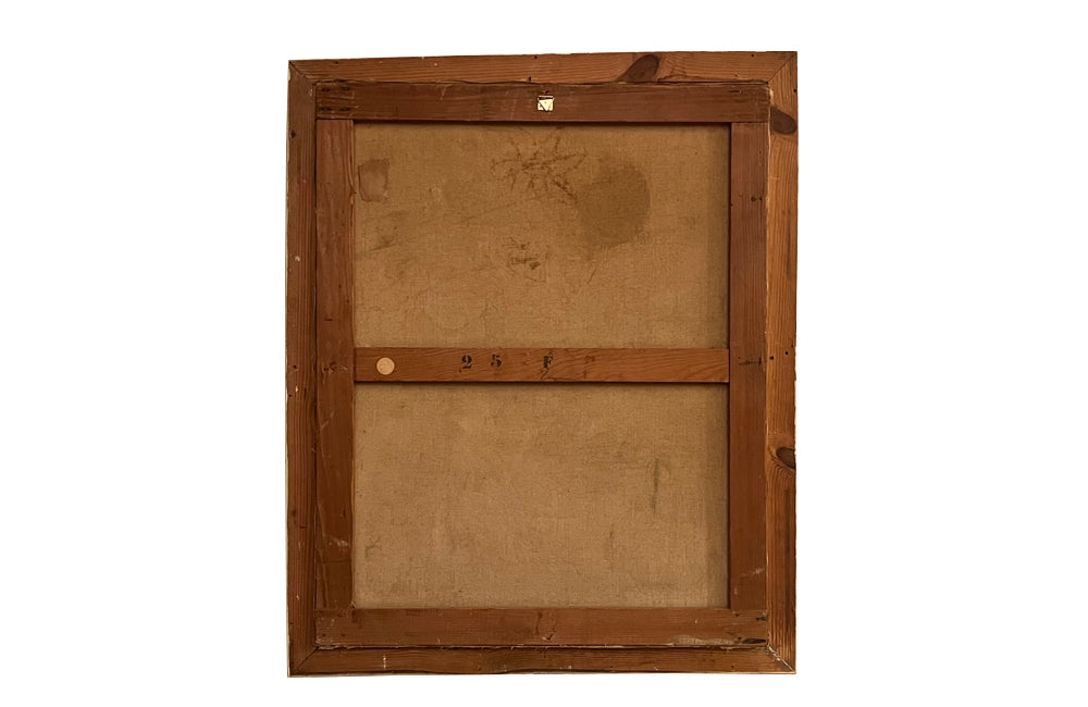 Large Mid-Century French framed oil on canvas still life painting depicting a large blue jug filled with colourful flowers on a table.