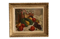 Framed 20th Century French oil on wood still life painting'Blossom with Fruit and Courgettes'.