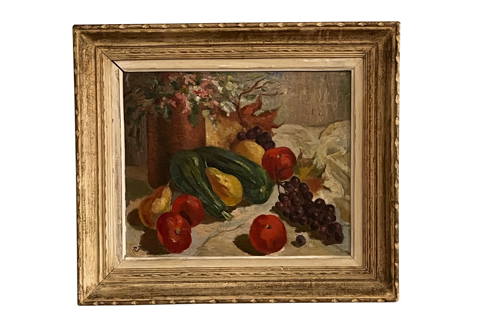Framed 20th Century French oil on wood still life painting'Blossom with Fruit and Courgettes'.