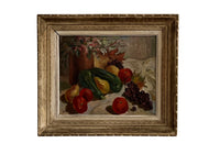 Framed 20th Century French oil on wood still life painting'Blossom with Fruit and Courgettes'.