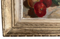 Framed 20th Century French oil on wood still life painting'Blossom with Fruit and Courgettes'.