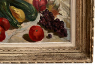 Framed 20th Century French oil on wood still life painting'Blossom with Fruit and Courgettes'.