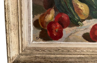 Framed 20th Century French oil on wood still life painting'Blossom with Fruit and Courgettes'.