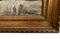 20th Century French framed still life painting of peaches and grapes on a draped fringed table cloth.