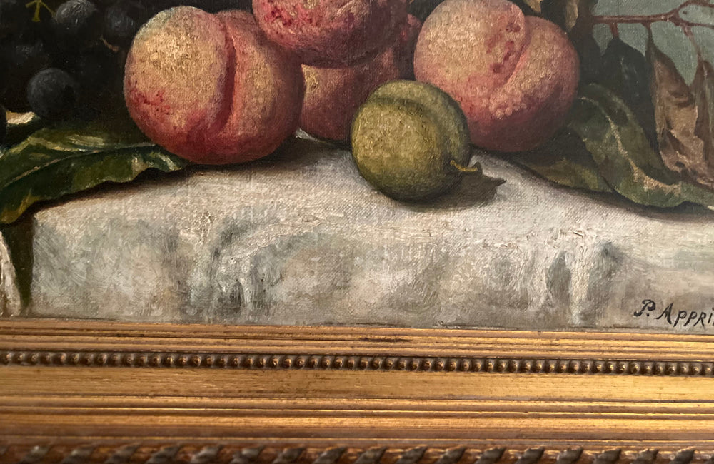 20th Century French framed still life painting of peaches and grapes on a draped fringed table cloth.