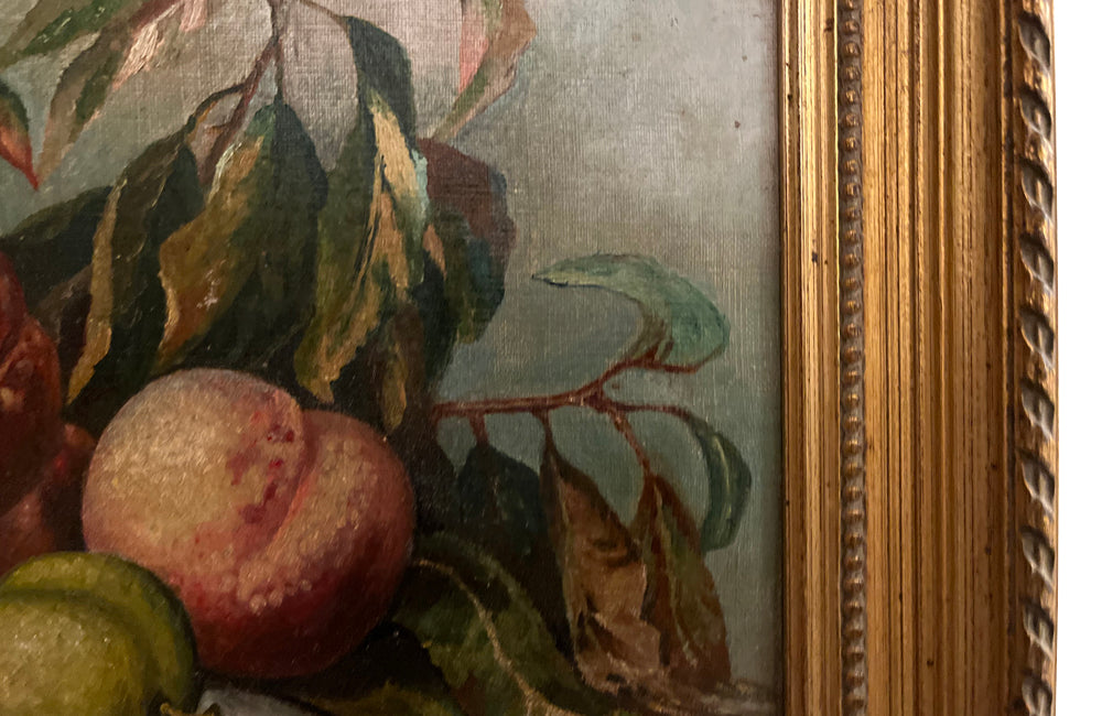 20th Century French framed still life painting of peaches and grapes on a draped fringed table cloth.