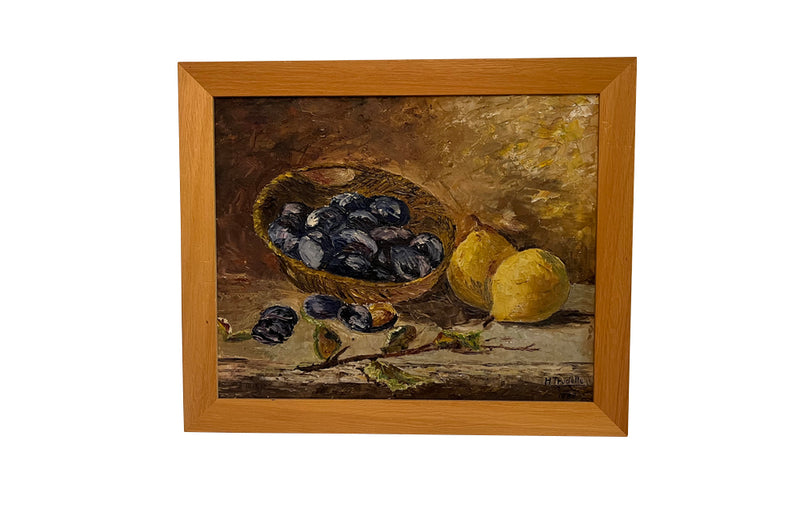 Lovely French still life painting of a basket of plums with two pears and a leafed twig
signed to the lower right by the artist H Trudelle 1983