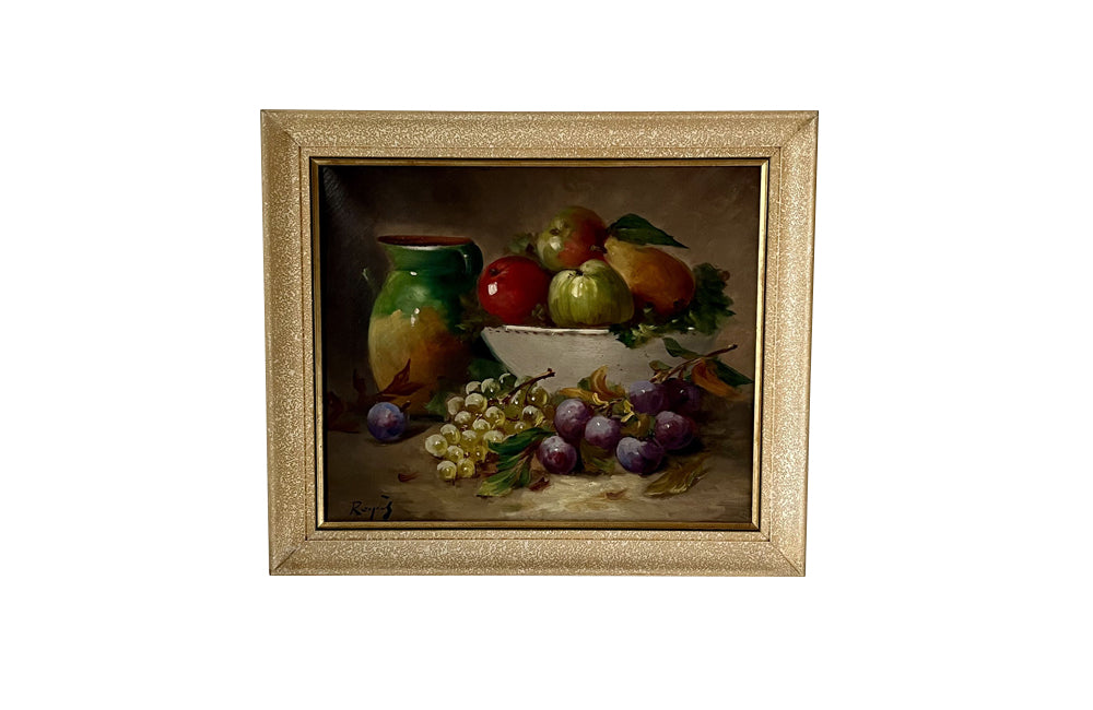 20th Century French Framed Still Life Painting with Fruit and Pottery Cruche