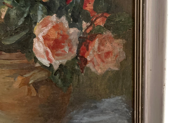 Signed 20th Century French framed still life oil on wood painting of roses in a confit pot. 