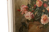 Signed 20th Century French framed still life oil on wood painting of roses in a confit pot. 