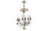 20th Century chandelier with bunches of coloured glass grape drops and brass vine leaves.