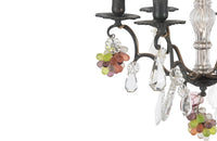 20th Century chandelier with bunches of coloured glass grape drops and brass vine leaves.