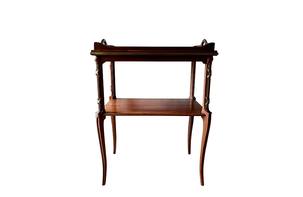 Elegant, early 20th century French mahogany two tiered side tray table 