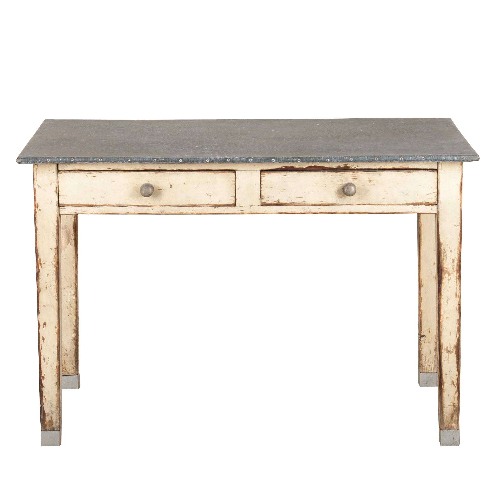 Late 19th Century Original French Florist’s Zinc-Topped Work Table with Zinc Handles and Sabots