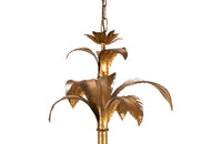 Large mid 20th century gilt metal chandelier with palm fronds surrounding a central ringed stem in the manner of Maison Jansen.