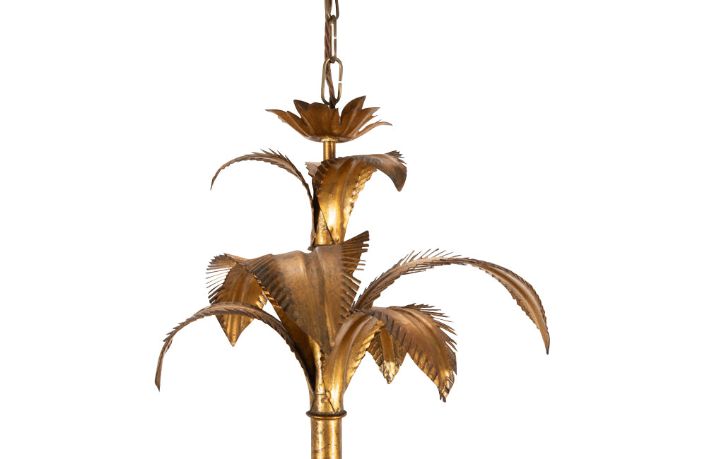 Large mid 20th century gilt metal chandelier with palm fronds surrounding a central ringed stem in the manner of Maison Jansen.