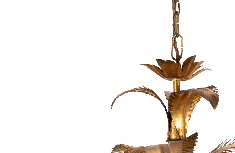 Large mid 20th century gilt metal chandelier with palm fronds surrounding a central ringed stem in the manner of Maison Jansen.