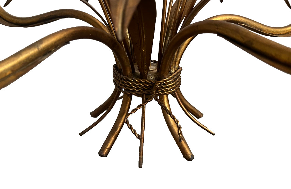 Mid-20th Century chandelier wheat sheaf design in gilt metal with polychrome white wheat ears. French Antique Chandeliers.