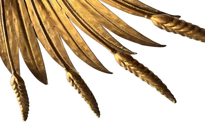 Elegant Mid-Century French gilt metal hanging pendant light in the form of a wheat sheaf