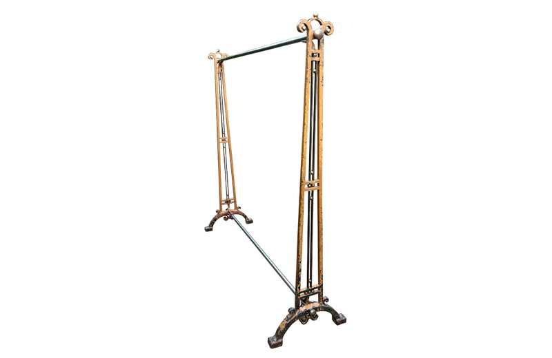 Fabulous, early Art Deco large iron clothes rail with decorative brass bars, ball and knobs, two chrome rails and ttributed to the renown designer Josef Hoffmann.