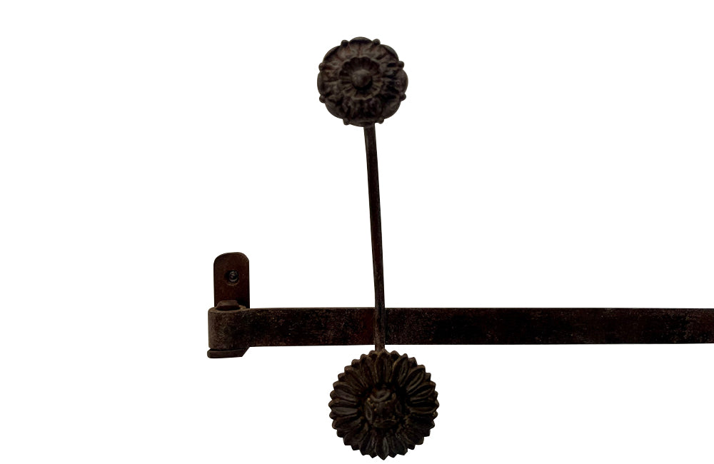 Long French iron coat &amp; hat rack with 4 double flower hooks.