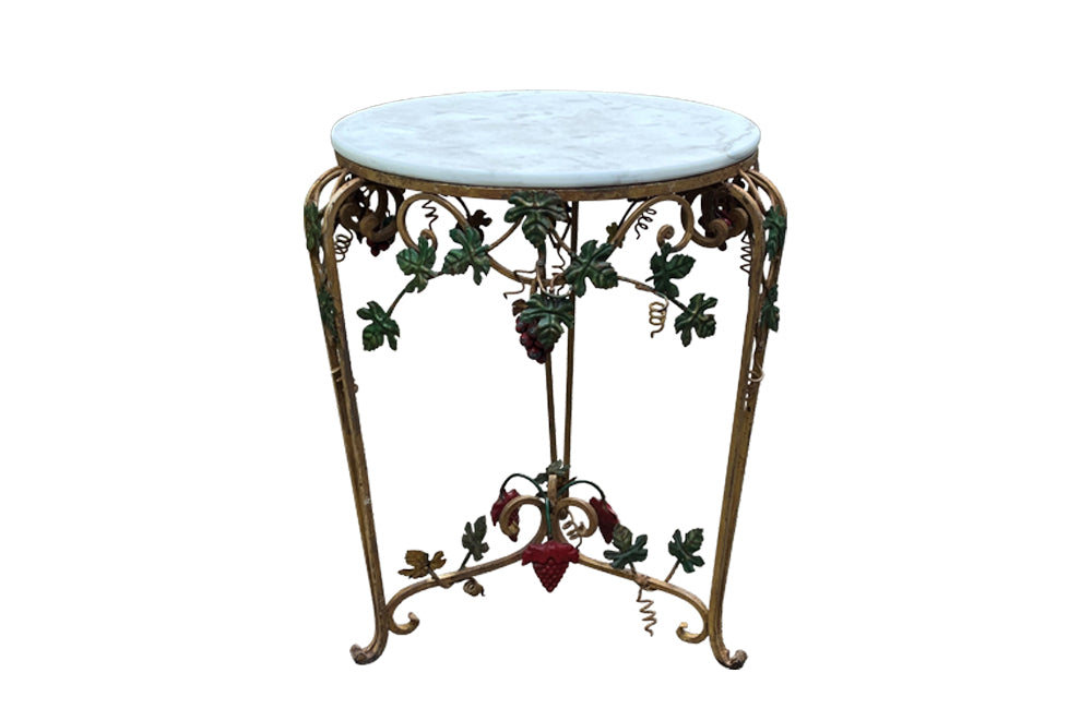 Mid century side table - Italian iron round gueridon table with marble top and decorative grapes and vine decoration. Mid Century Furniture - AD & PS Antiques