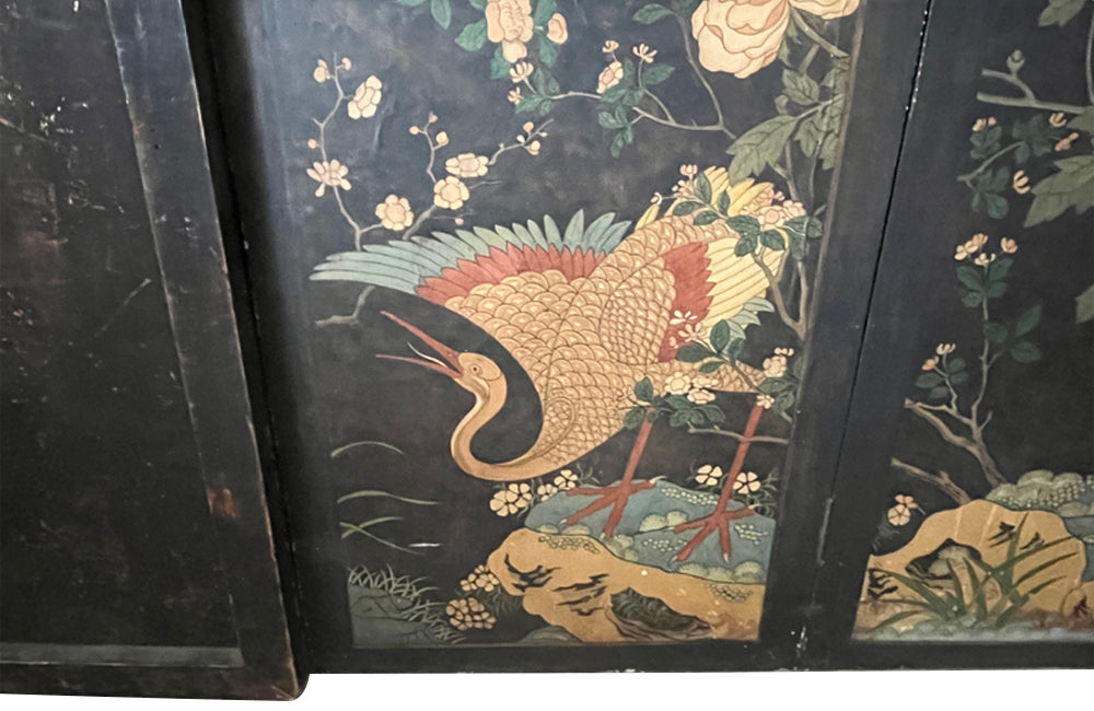 JAPANESE INK PAINTED FOUR PANEL FOLDING SCREEN
